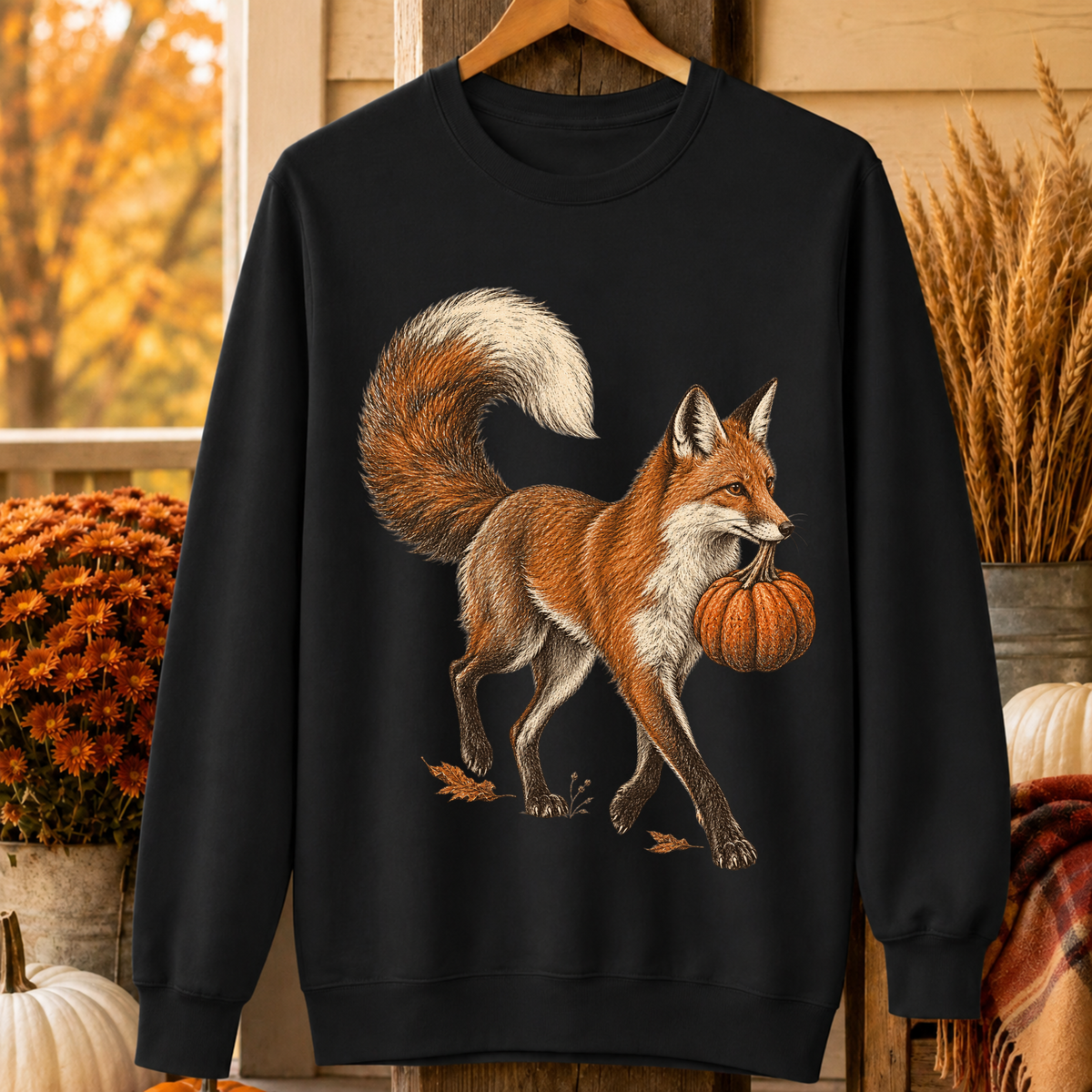Fox With Pumpkin Autumn Crewneck Sweatshirt