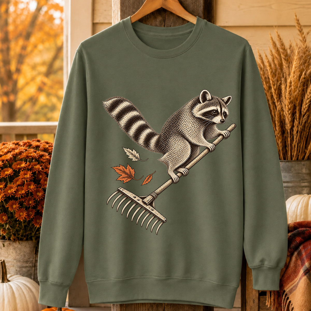 Raccoon Flying on a Rake Autumn Crewneck Sweatshirt