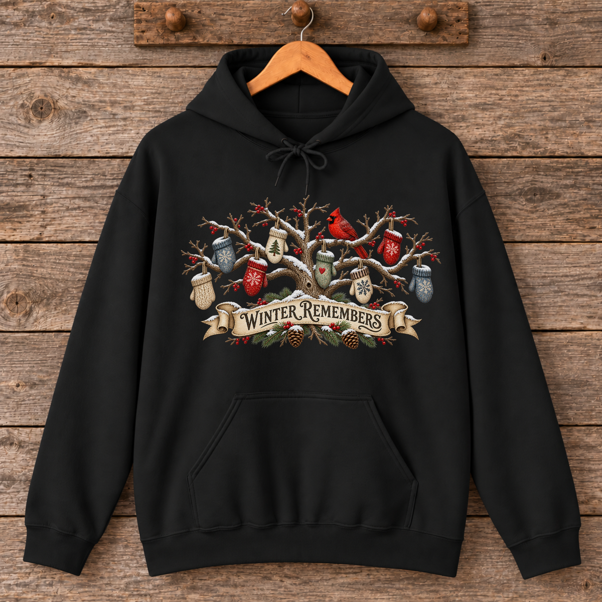 Winter Remembers Cardinal and Knitted Mittens Hoodie